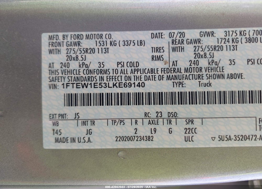 2020 FORD F-150 VIN: 1FTEW1E53LKE69140