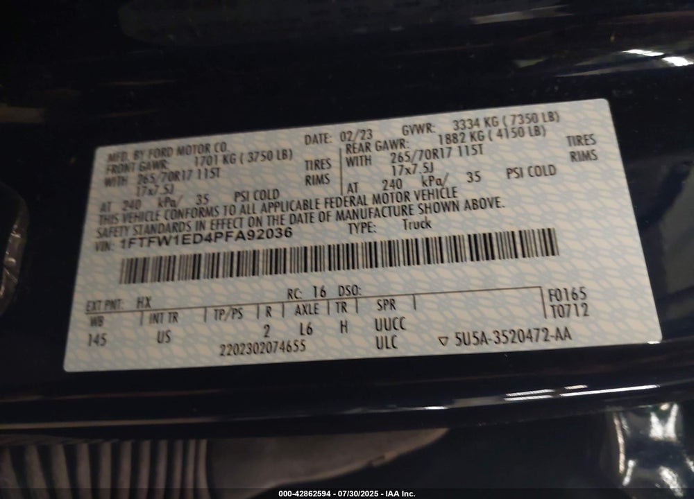 2023 FORD F-150 VIN: 1FTFW1ED4PFA92036