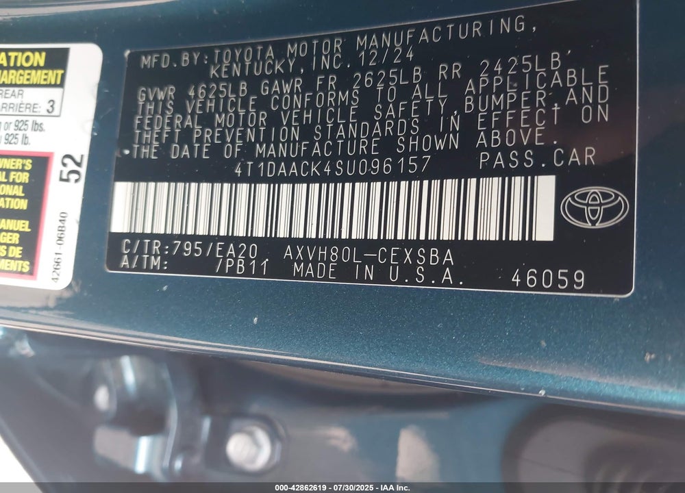 2025 TOYOTA CAMRY SE VIN: 4T1DAACK4SU096157