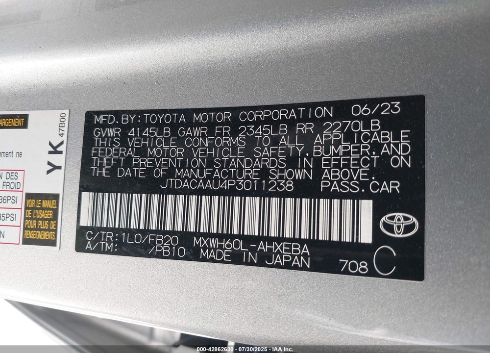 2023 TOYOTA PRIUS VIN: JTDACAAU4P3011238