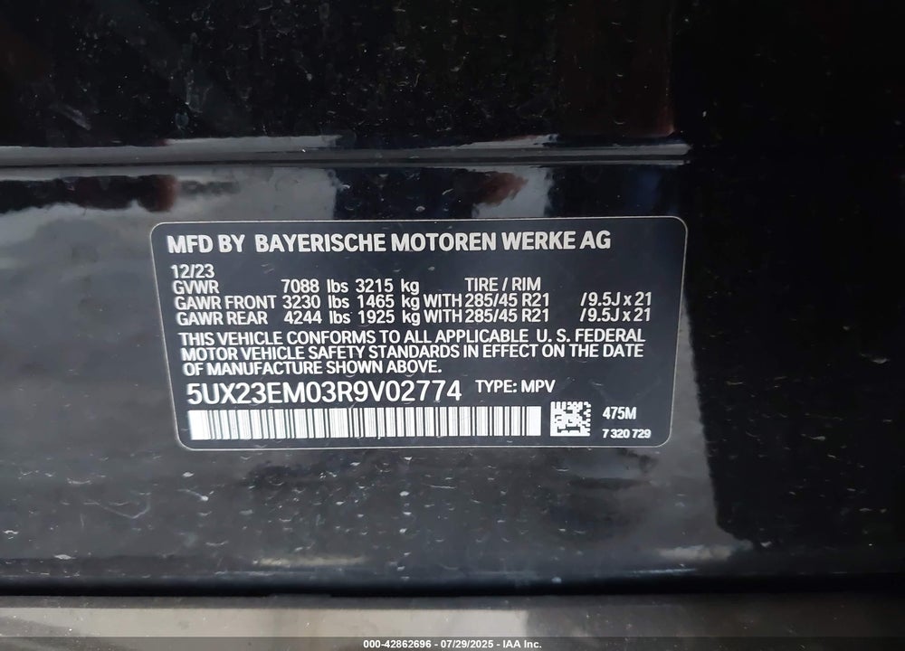 2024 BMW X7 VIN: 5UX23EM03R9V02774