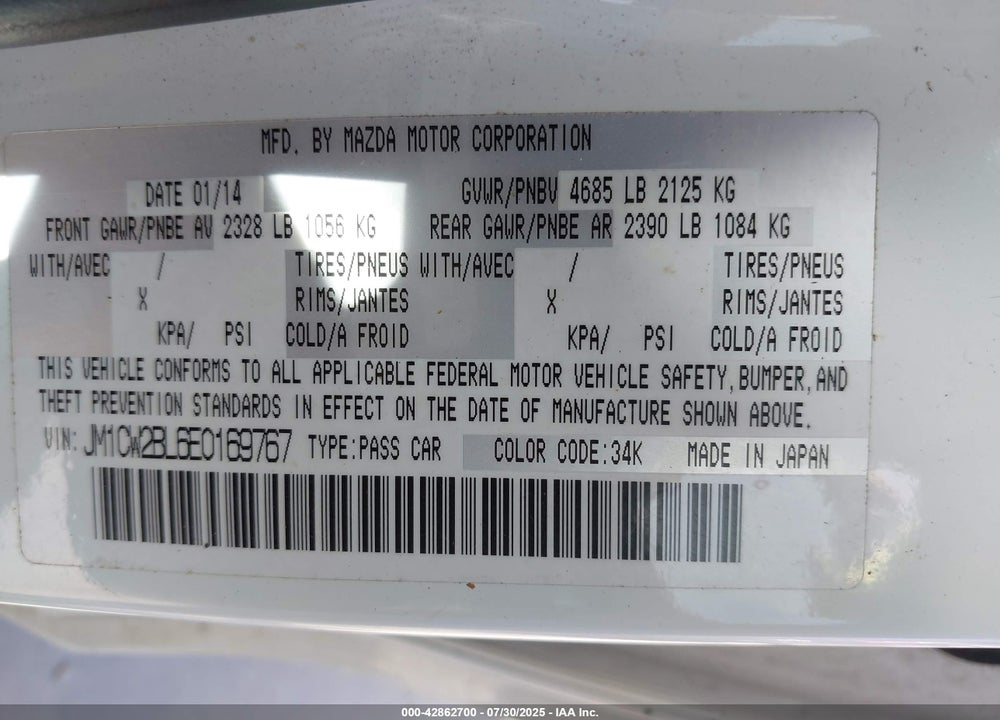 2014 MAZDA 5 VIN: JM1CW2BL6E0169767