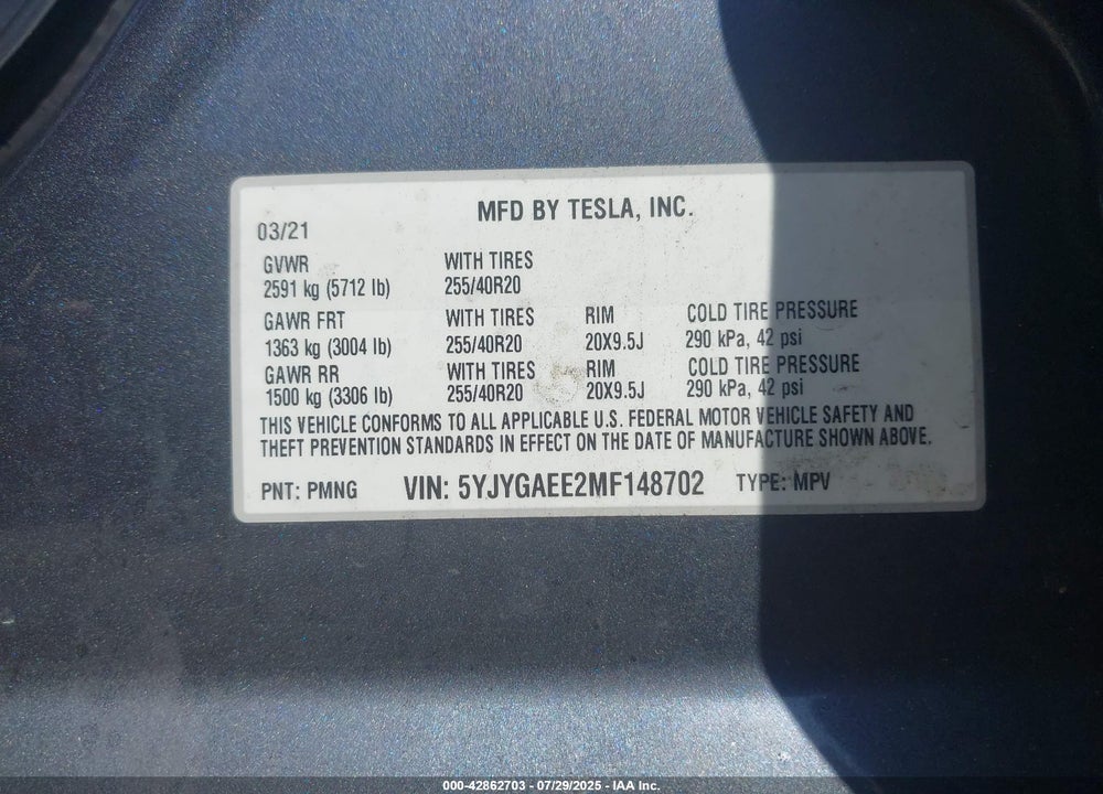 2021 TESLA MODEL Y VIN: 5YJYGAEE2MF148702