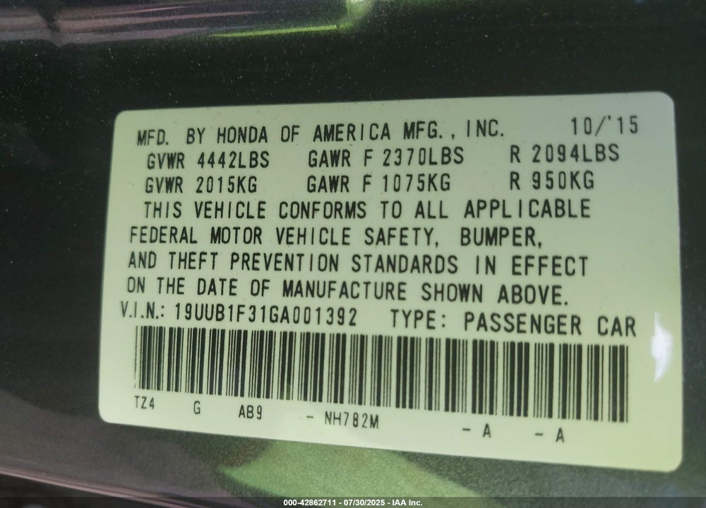 2016 ACURA TLX VIN: 19UUB1F31GA001392