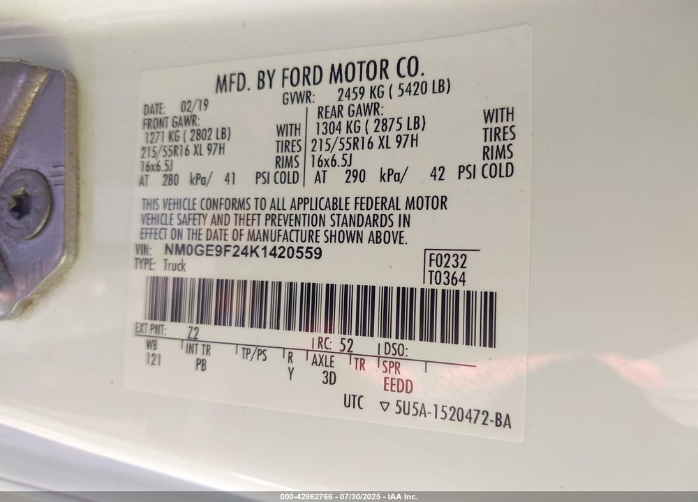 2019 FORD TRANSIT CONNECT XLT VIN: NM0GE9F24K1420559