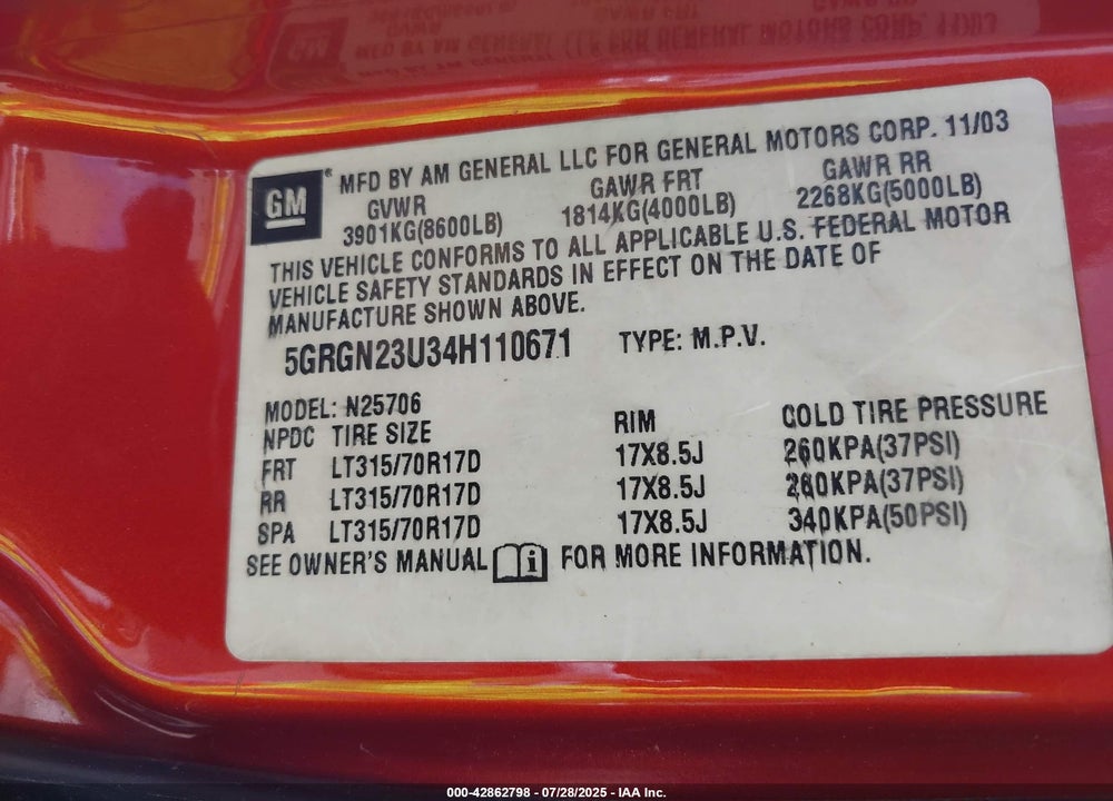 2004 HUMMER H2 VIN: 5GRGN23U34H110671