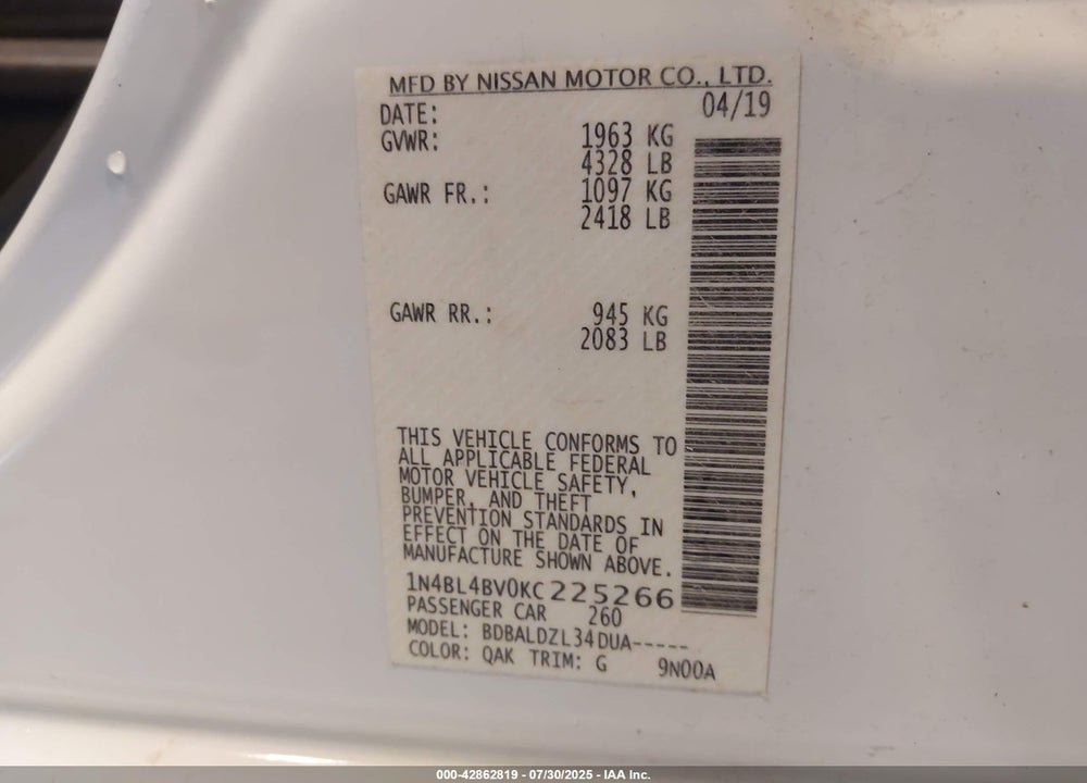 2019 NISSAN ALTIMA 2.5 S VIN: 1N4BL4BV0KC225266