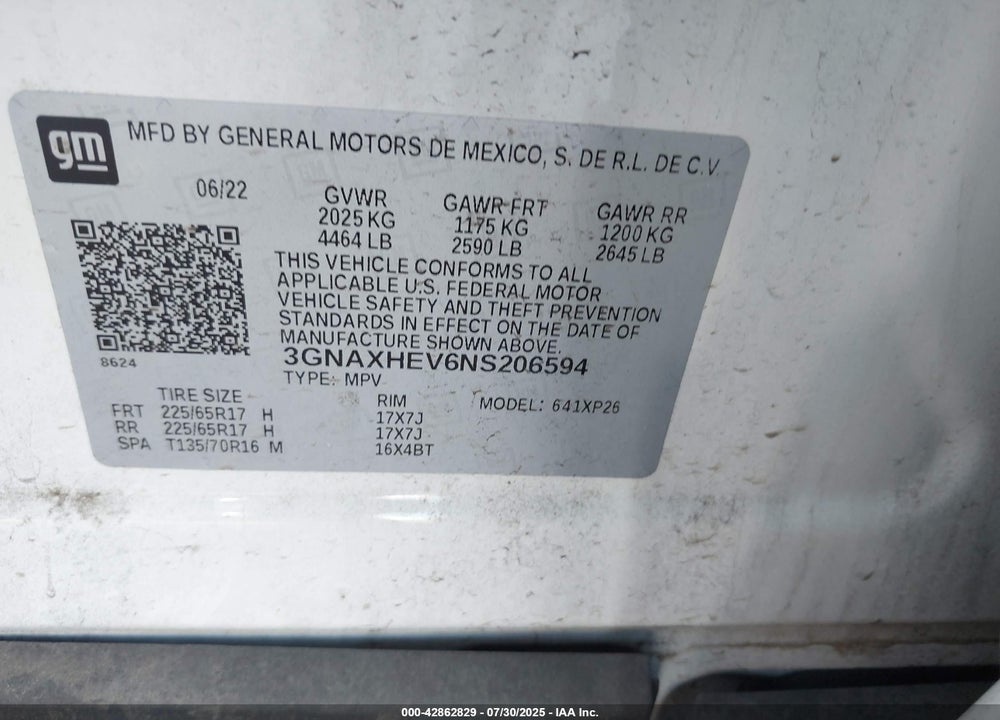 2022 CHEVROLET EQUINOX VIN: 3GNAXHEV6NS206594