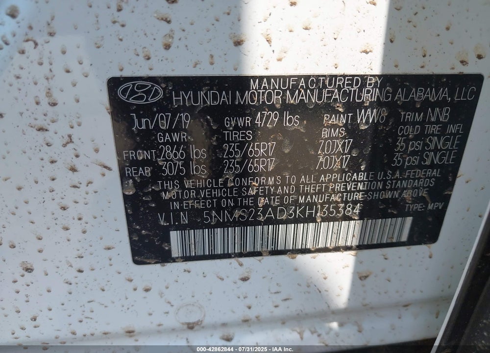 2019 HYUNDAI SANTA FE VIN: 5NMS23AD3KH135384