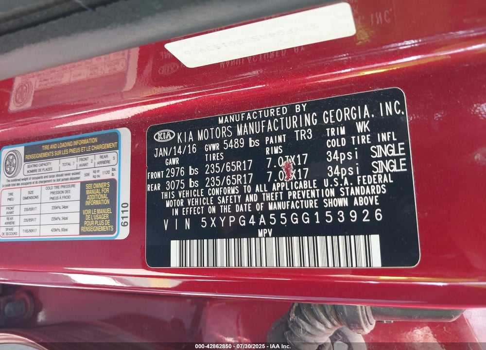 2016 KIA SORENTO VIN: 5XYPG4A55GG153926
