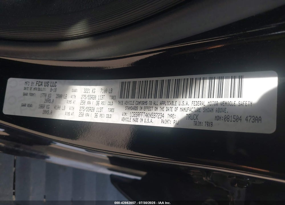 2019 RAM 1500 VIN: 1C6SRFFT4KN597234