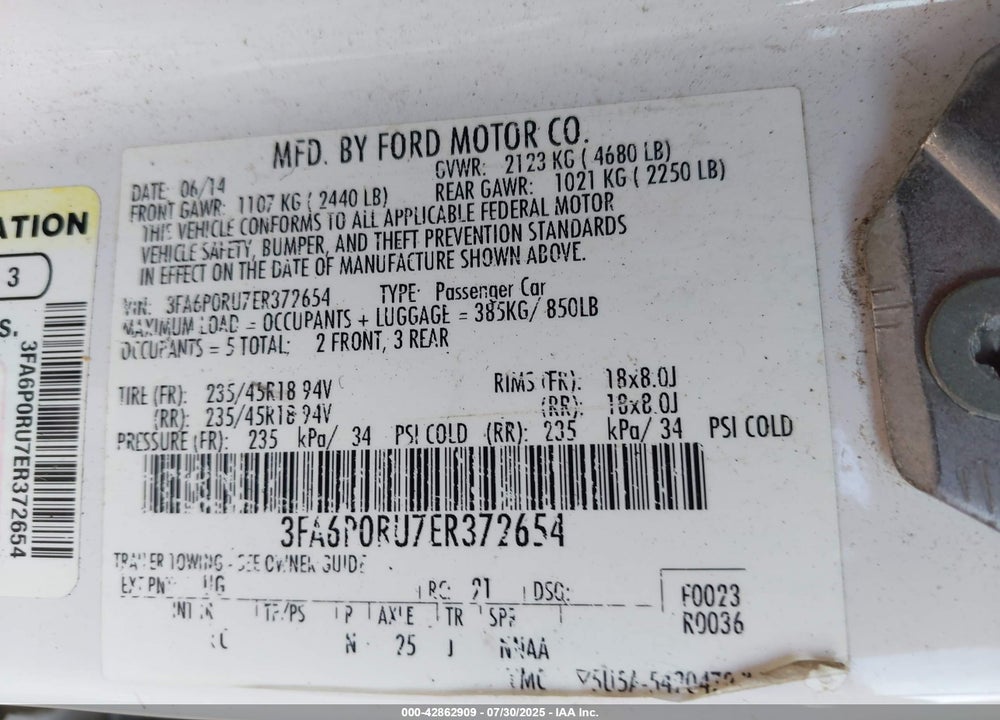 2014 FORD FUSION VIN: 3FA6P0RU7ER372654