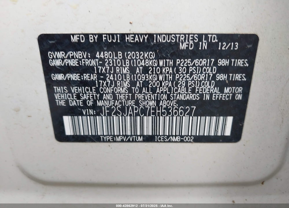 2014 SUBARU FORESTER 2.5I TOURING VIN: JF2SJAPC7EH536627