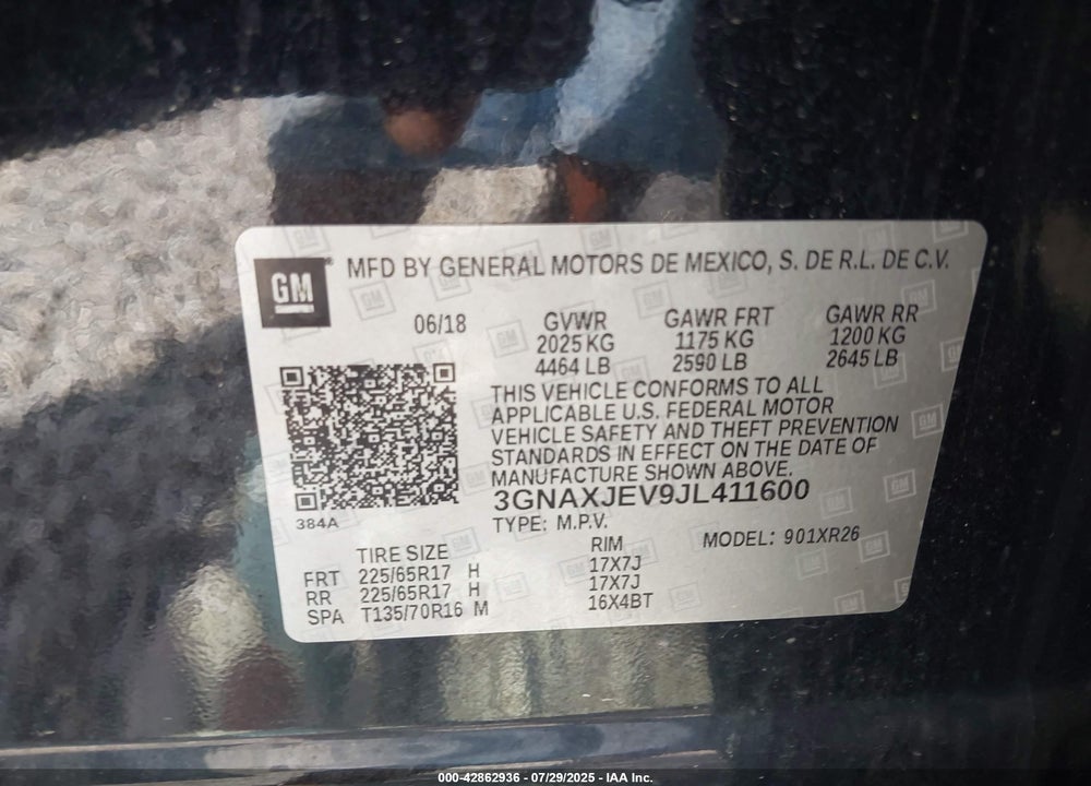 2018 CHEVROLET EQUINOX VIN: 3GNAXJEV9JL411600
