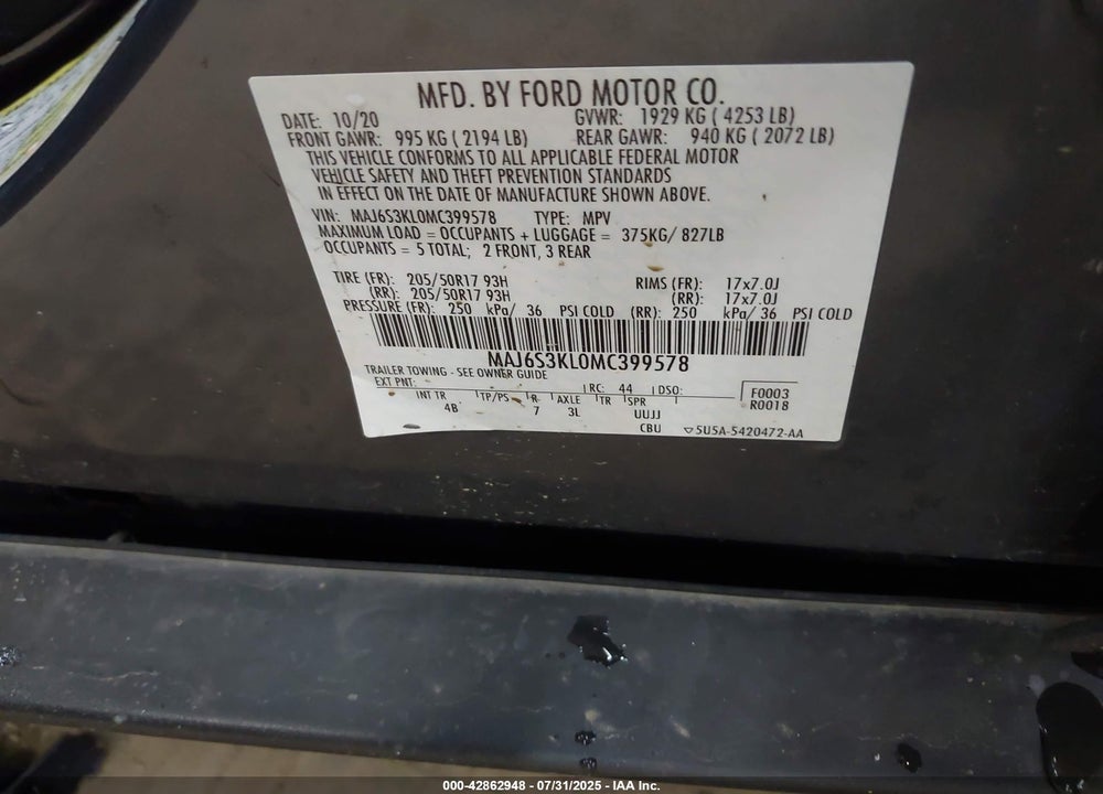 2021 FORD ECOSPORT VIN: MAJ6S3KL0MC399578