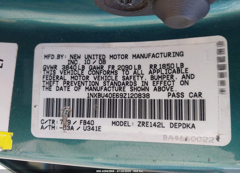 2009 TOYOTA COROLLA VIN: 1NXBU40E69Z120838