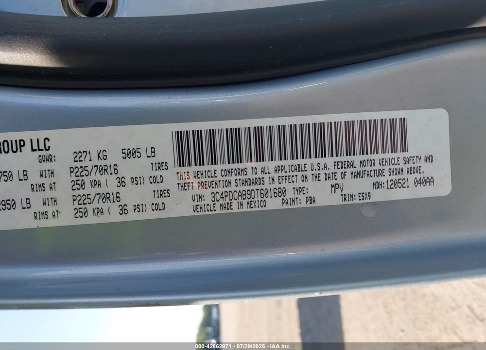 2013 DODGE JOURNEY VIN: 3C4PDCAB9DT601680