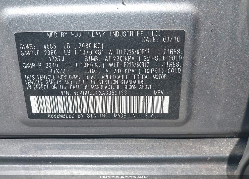 2010 SUBARU OUTBACK VIN: 4S4BRCCCXA3352133