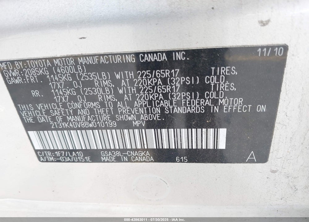 2011 TOYOTA RAV4 VIN: 2T3YK4DV8BW010199