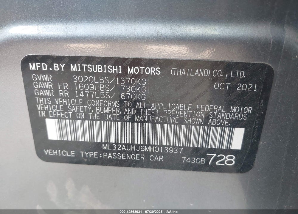 2021 MITSUBISHI MIRAGE VIN: ML32AUHJ6MH013937