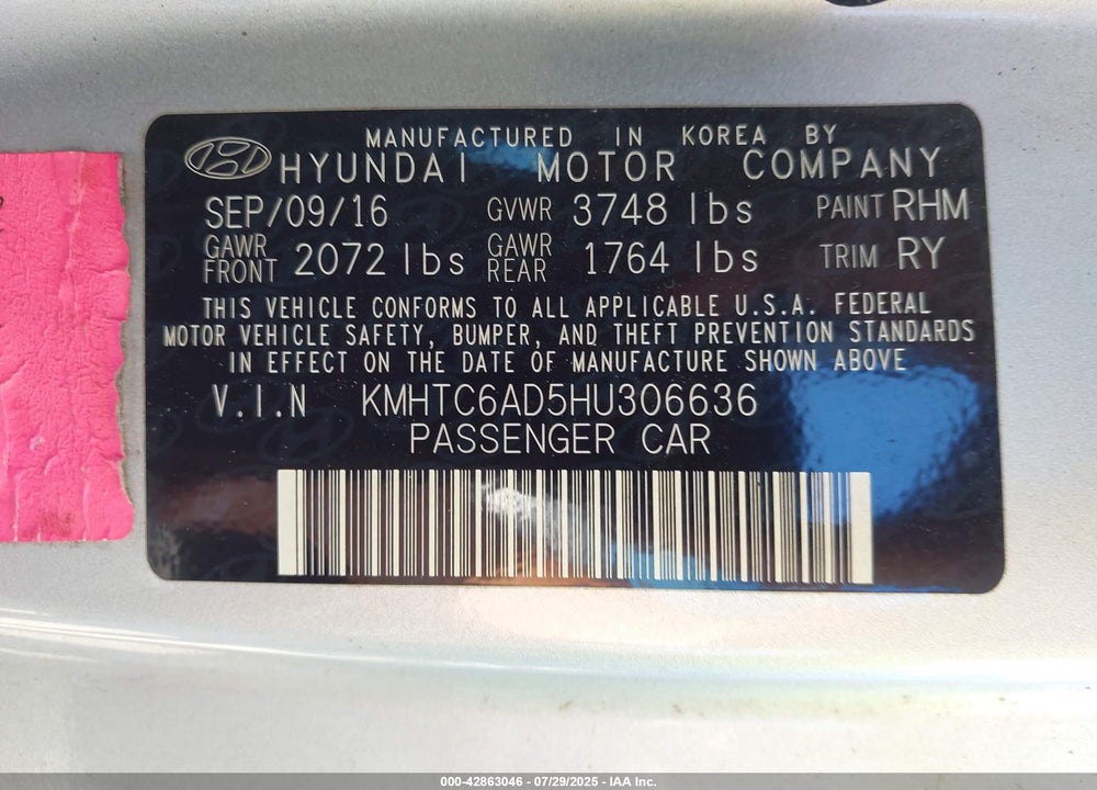 2017 HYUNDAI VELOSTER VIN: KMHTC6AD5HU306636