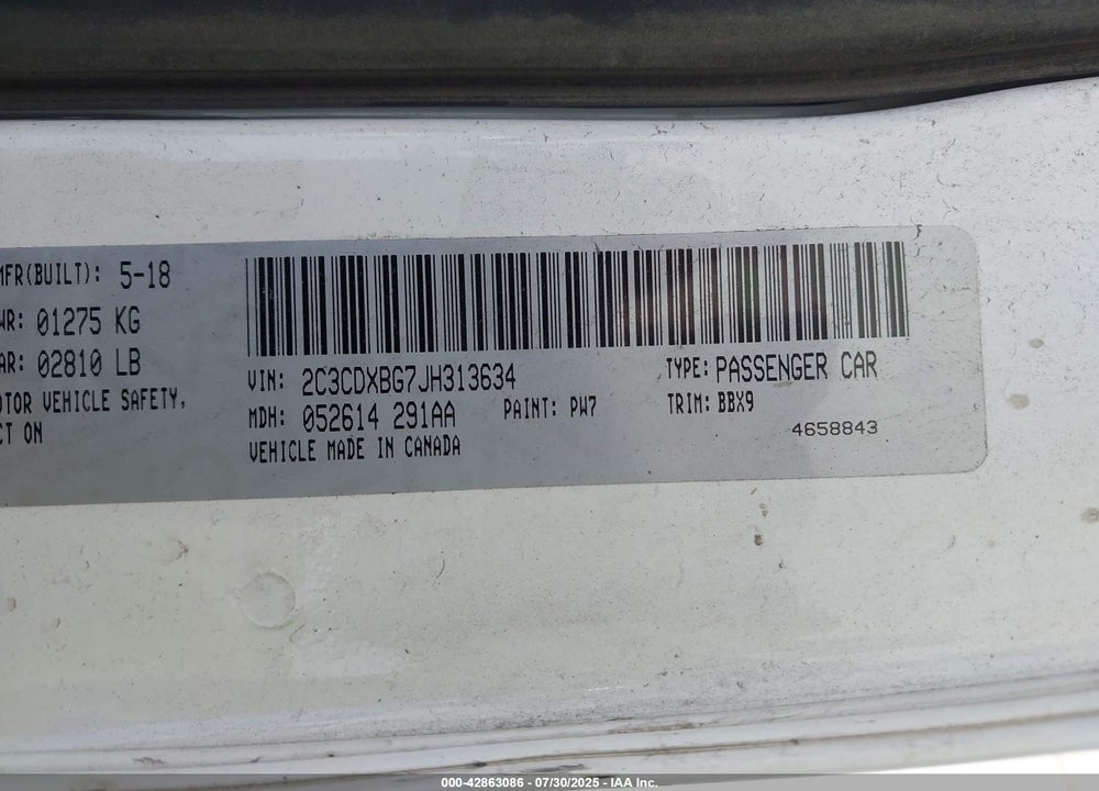 2018 DODGE CHARGER VIN: 2C3CDXBG7JH313634