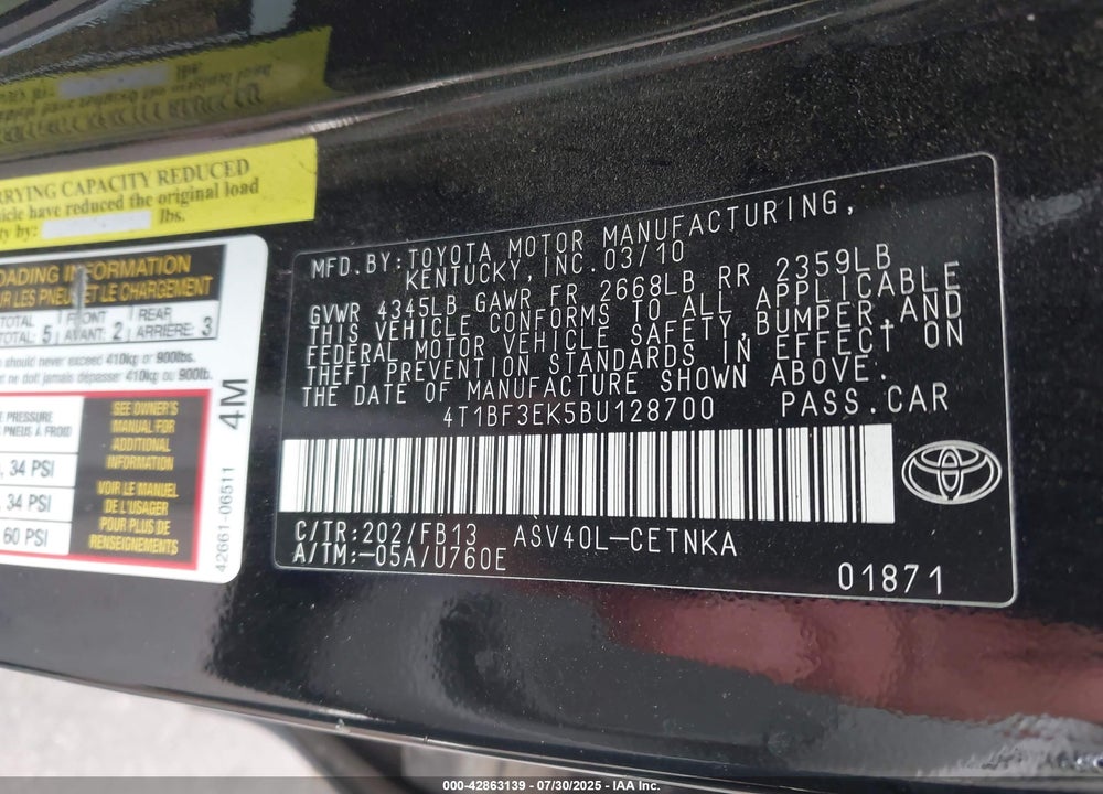 2011 TOYOTA CAMRY VIN: 4T1BF3EK5BU128700