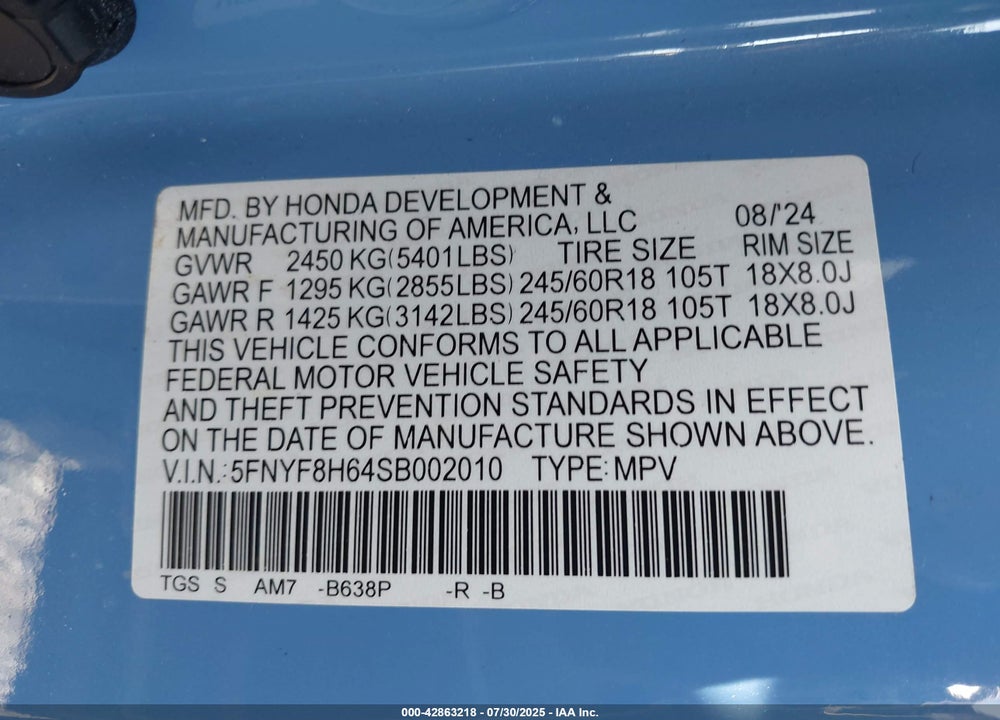 2025 HONDA PASSPORT VIN: 5FNYF8H64SB002010