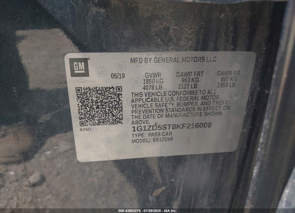 2019 CHEVROLET MALIBU VIN: 1G1ZD5ST8KF216008