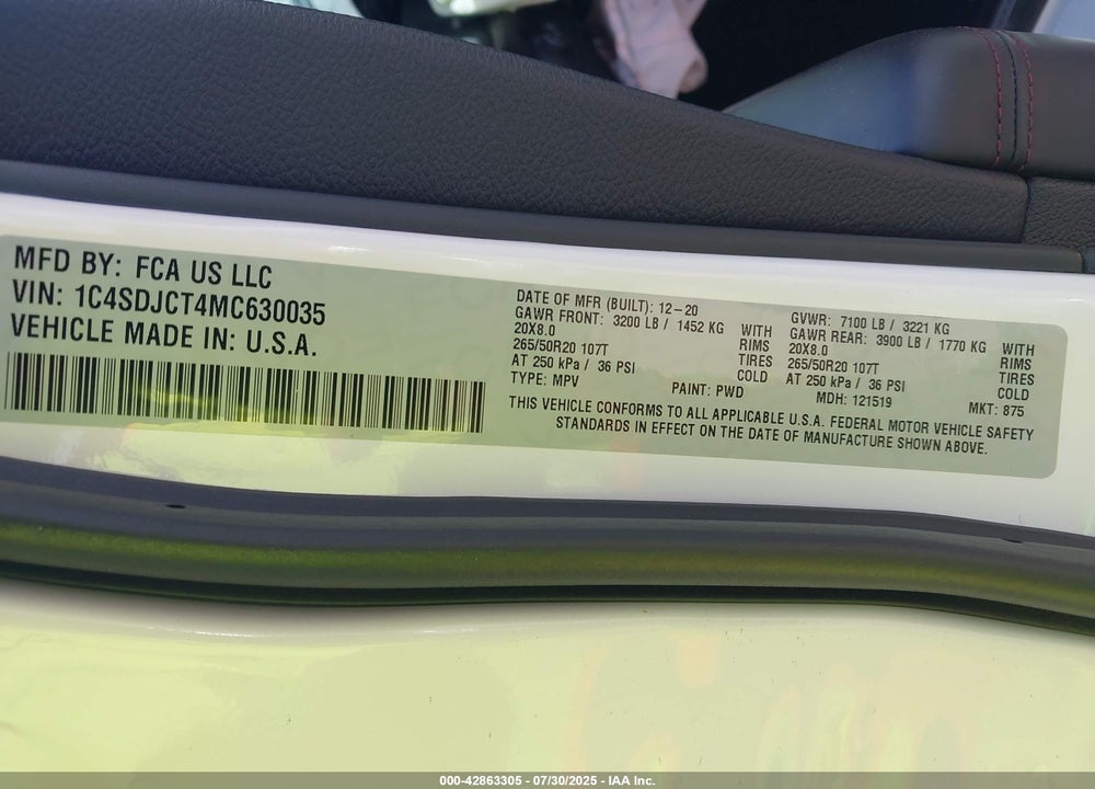 2021 DODGE DURANGO VIN: 1C4SDJCT4MC630035