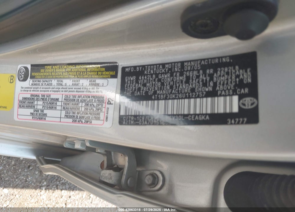 2006 TOYOTA CAMRY XLE V6 VIN: 4T1BF30K26U112757