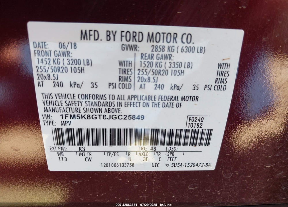 2018 FORD EXPLORER VIN: 1FM5K8GT8JGC25849