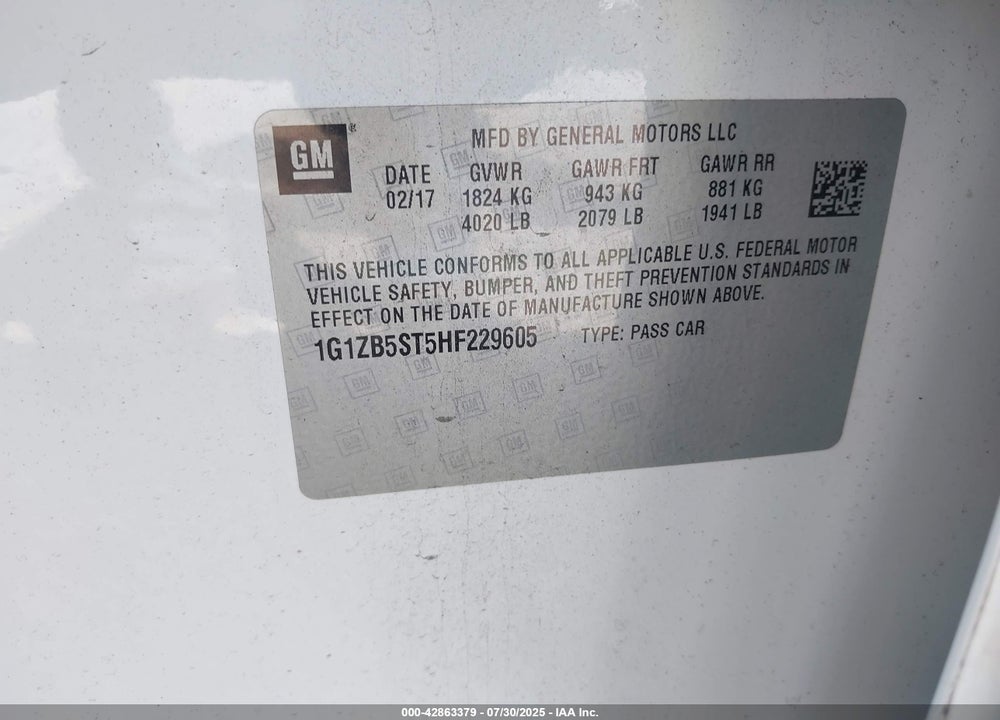 2017 CHEVROLET MALIBU VIN: 1G1ZB5ST5HF229605