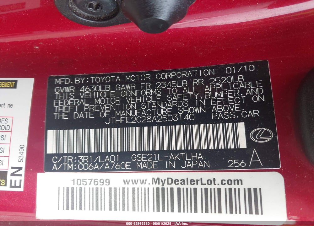 2010 LEXUS IS 350C VIN: JTHFE2C28A2503140