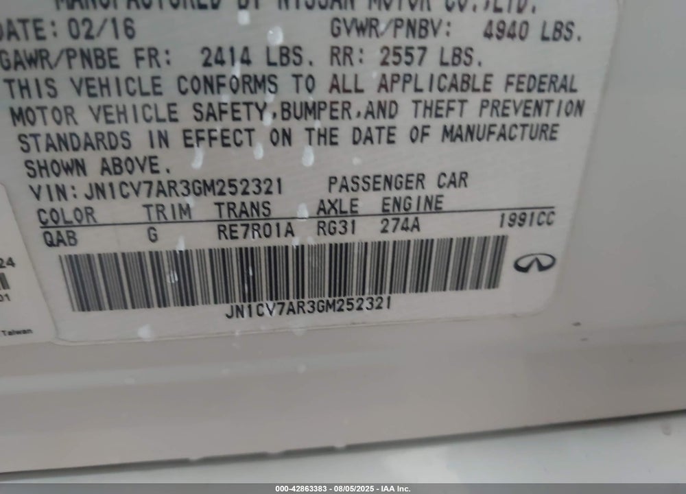 2016 INFINITI Q50 2.0T PREMIUM VIN: JN1CV7AR3GM252321