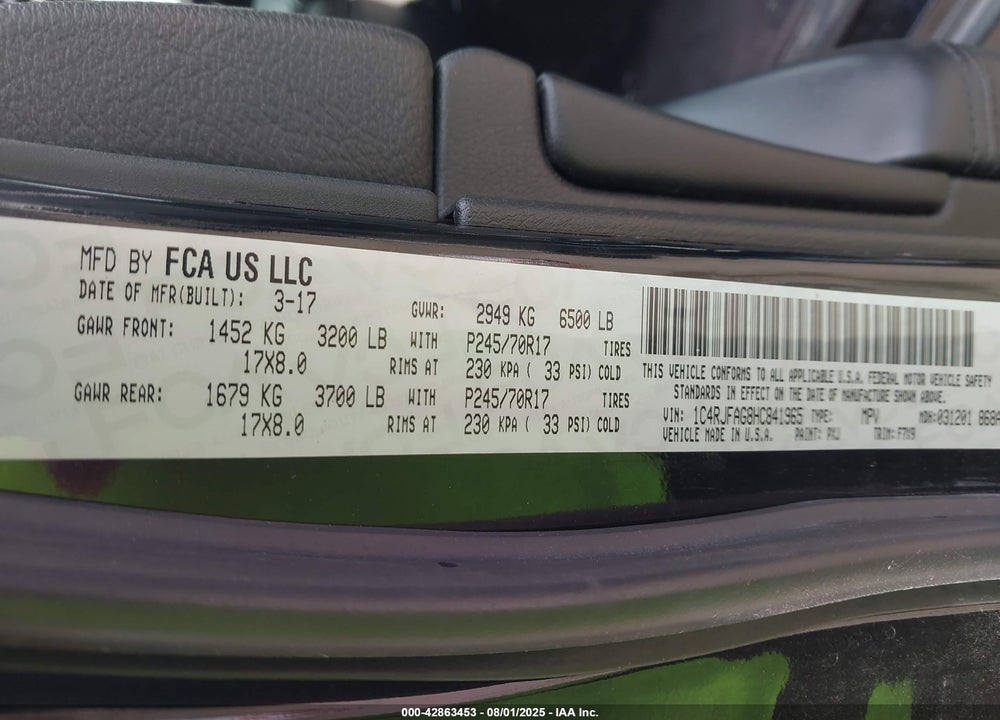 2017 JEEP GRAND CHEROKEE VIN: 1C4RJFAG8HC841965