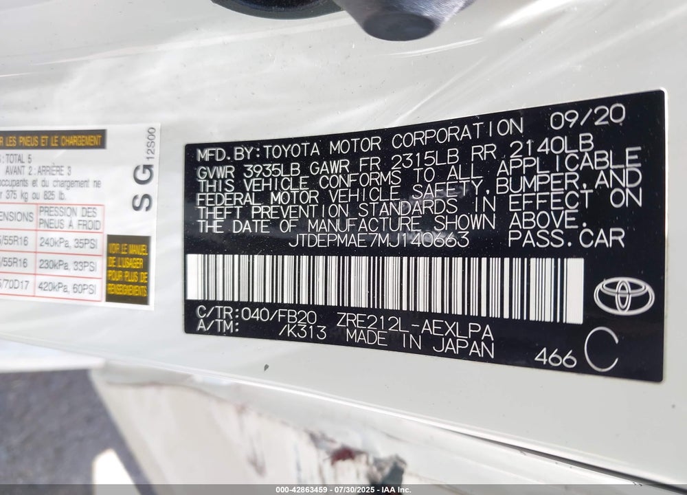 2021 TOYOTA COROLLA VIN: JTDEPMAE7MJ140663