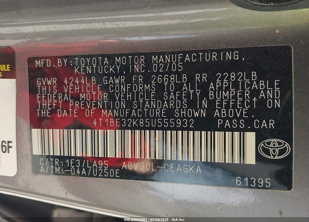2005 TOYOTA CAMRY VIN: 4T1BE32K85U555932