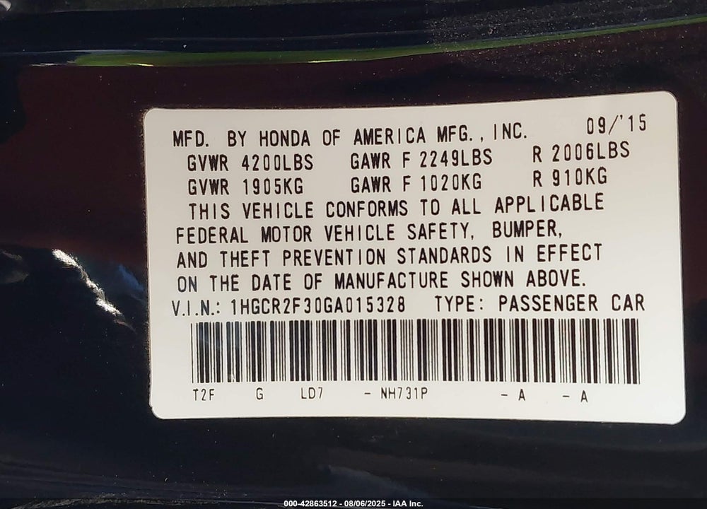 2016 HONDA ACCORD LX VIN: 1HGCR2F30GA015328