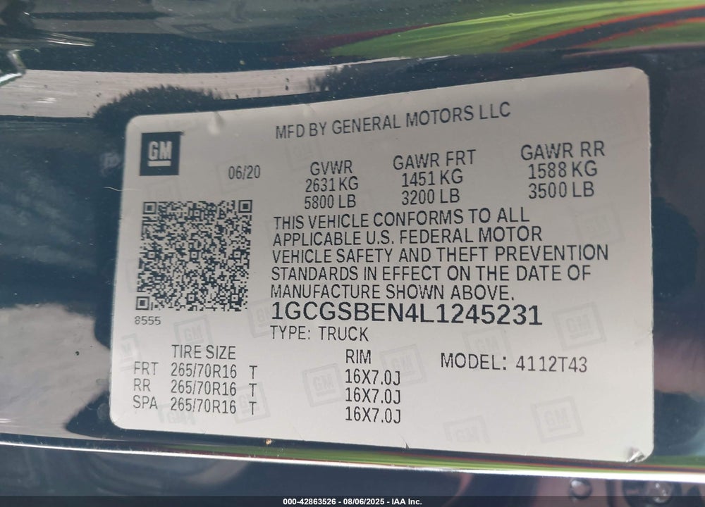 2020 CHEVROLET COLORADO VIN: 1GCGSBEN4L1245231