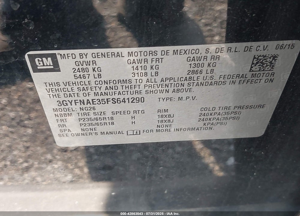 2015 CADILLAC SRX STANDARD VIN: 3GYFNAE35FS641290