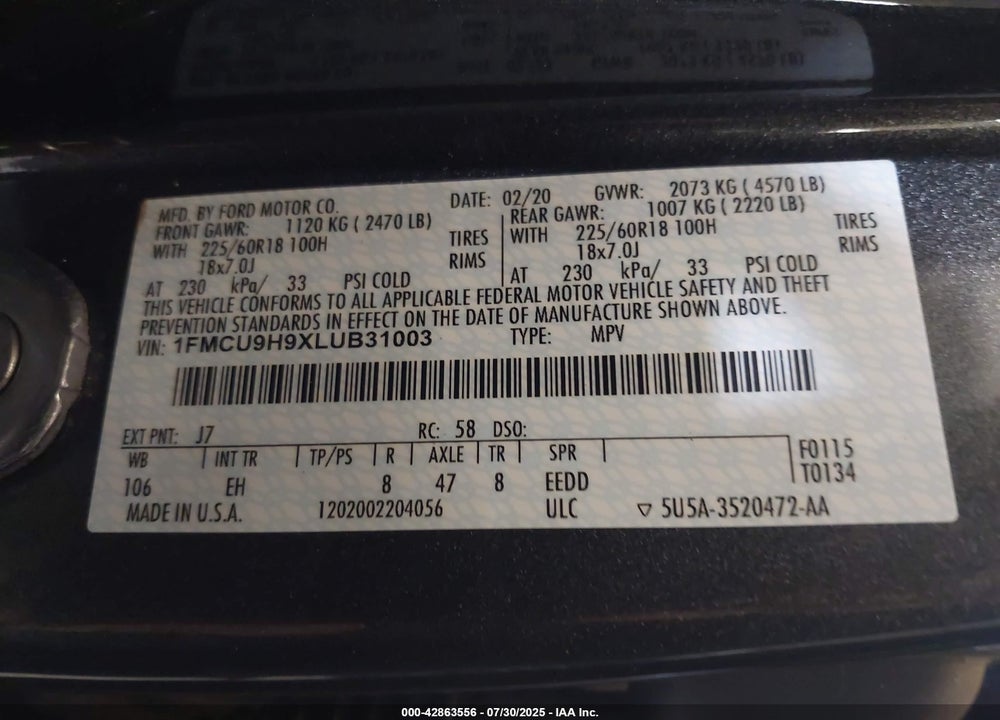 2020 FORD ESCAPE VIN: 1FMCU9H9XLUB31003