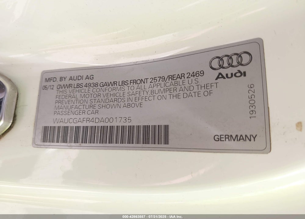 2013 AUDI S5 VIN: WAUCGAFR4DA001735
