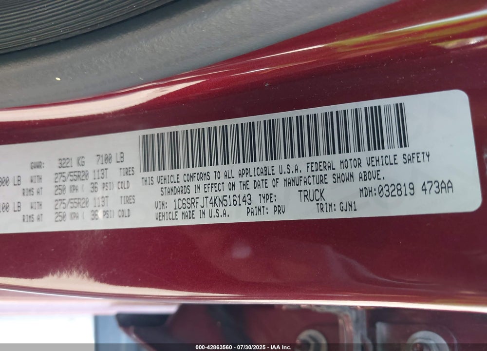 2019 RAM 1500 VIN: 1C6SRFJT4KN516143