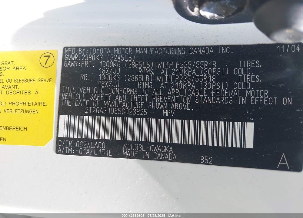 2005 LEXUS RX 330 VIN: 2T2GA31U85C023825
