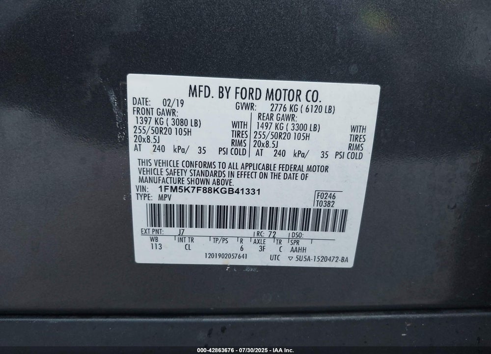 2019 FORD EXPLORER VIN: 1FM5K7F88KGB41331