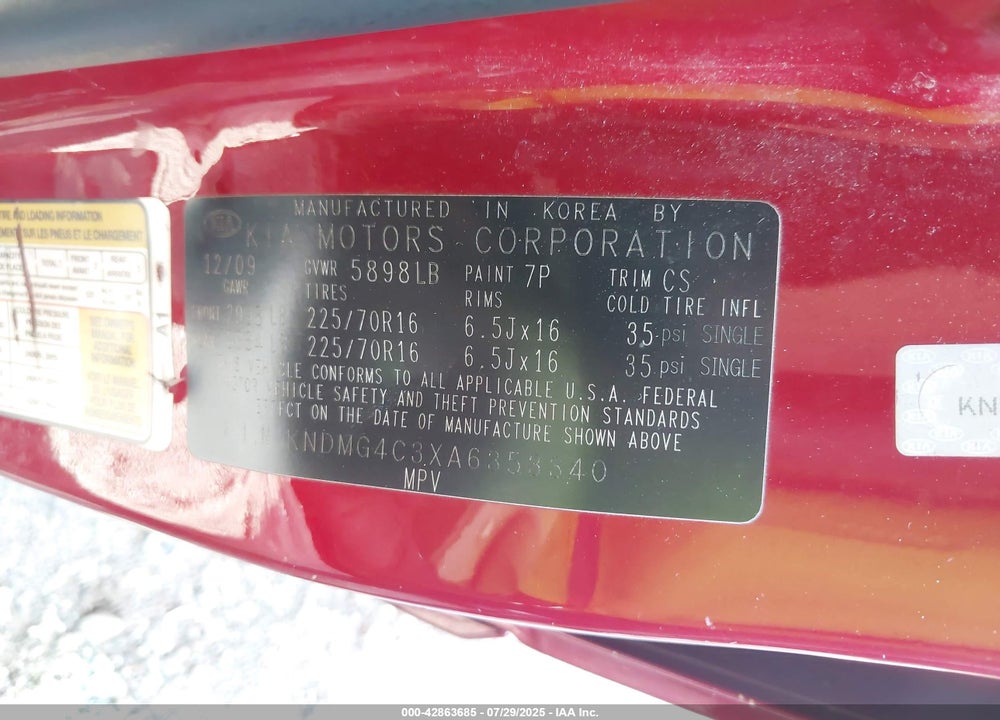 2010 KIA SEDONA VIN: KNDMG4C3XA6353340