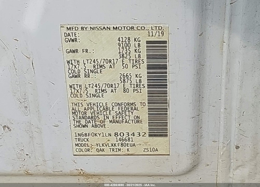2020 NISSAN NV CARGO NV2500 HD SV STANDARD ROOF V6 VIN: 1N6BF0KY1LN803432
