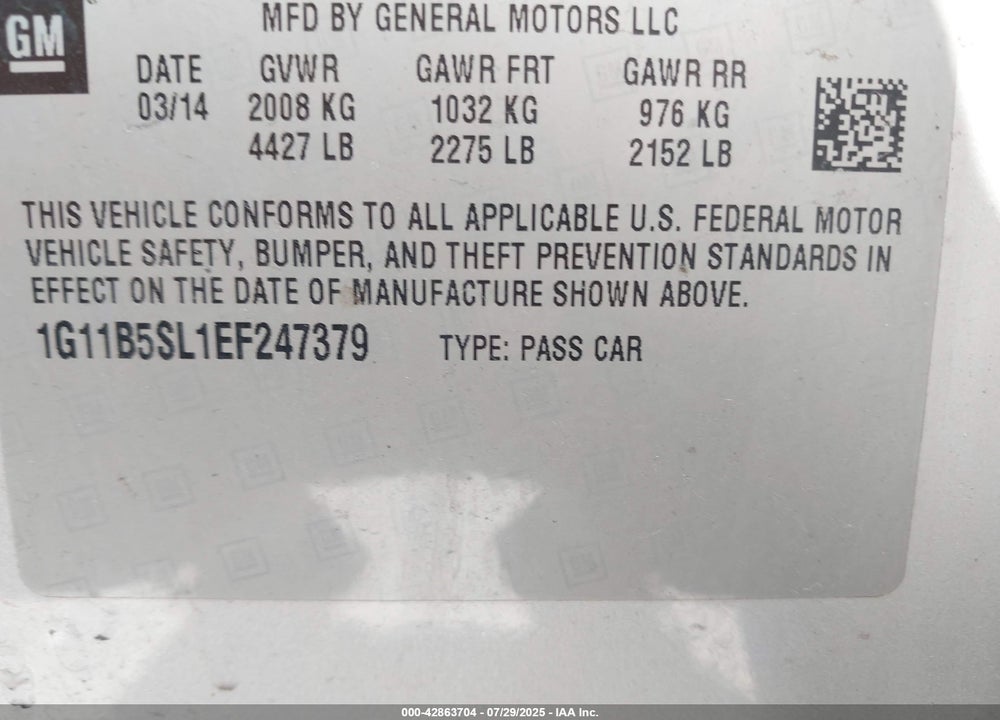 2014 CHEVROLET MALIBU VIN: 1G11B5SL1EF247379