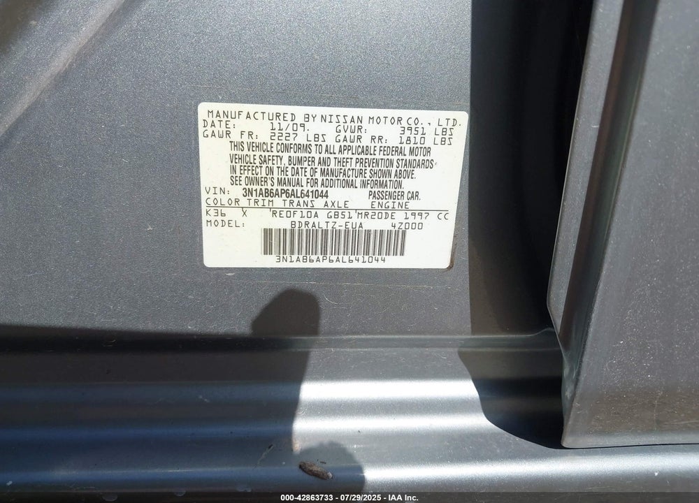 2010 NISSAN SENTRA VIN: 3N1AB6AP6AL641044